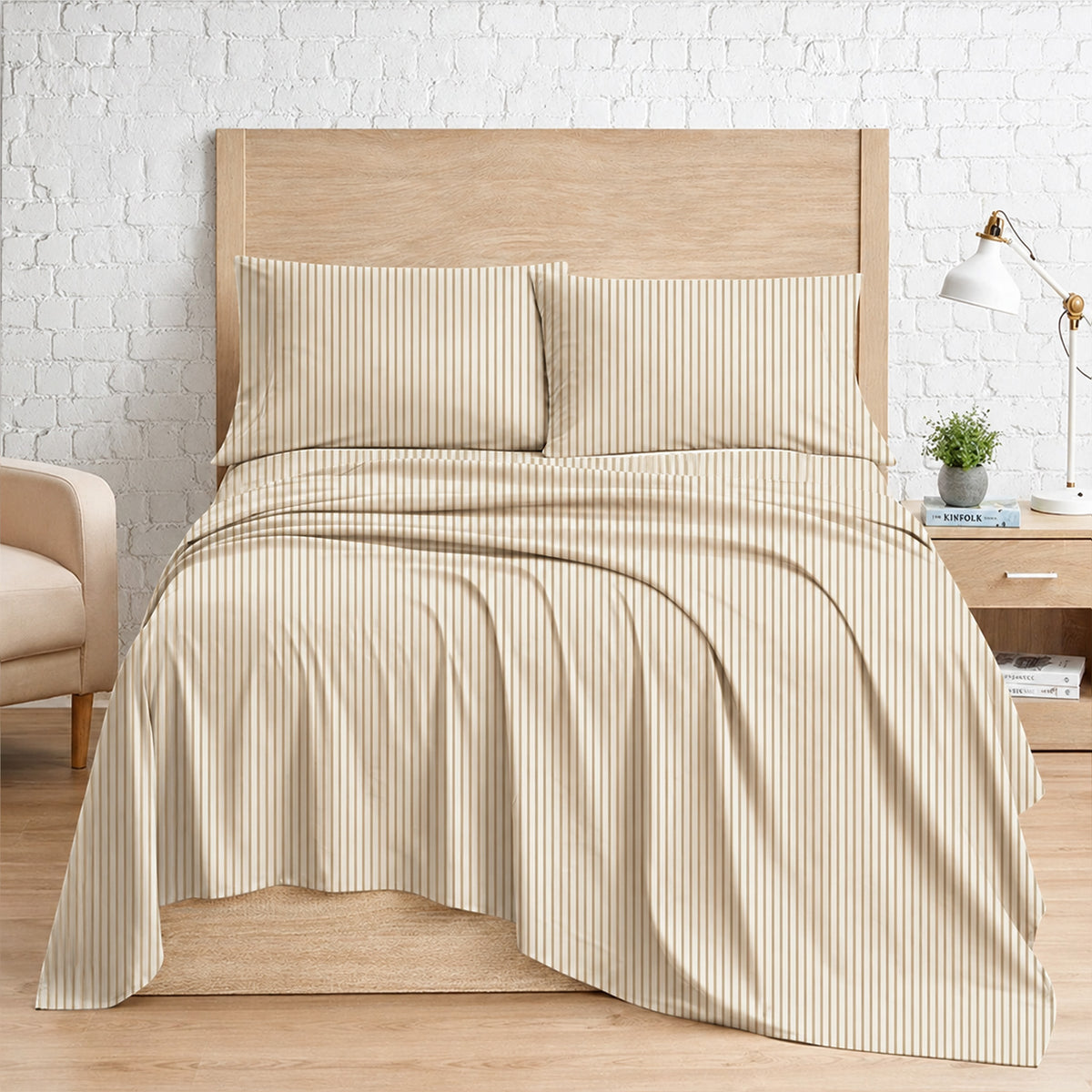 Beige White – HL Hotel Collection King Flat Sheet Set | 100% Cotton, T-200 Stripe Sateen