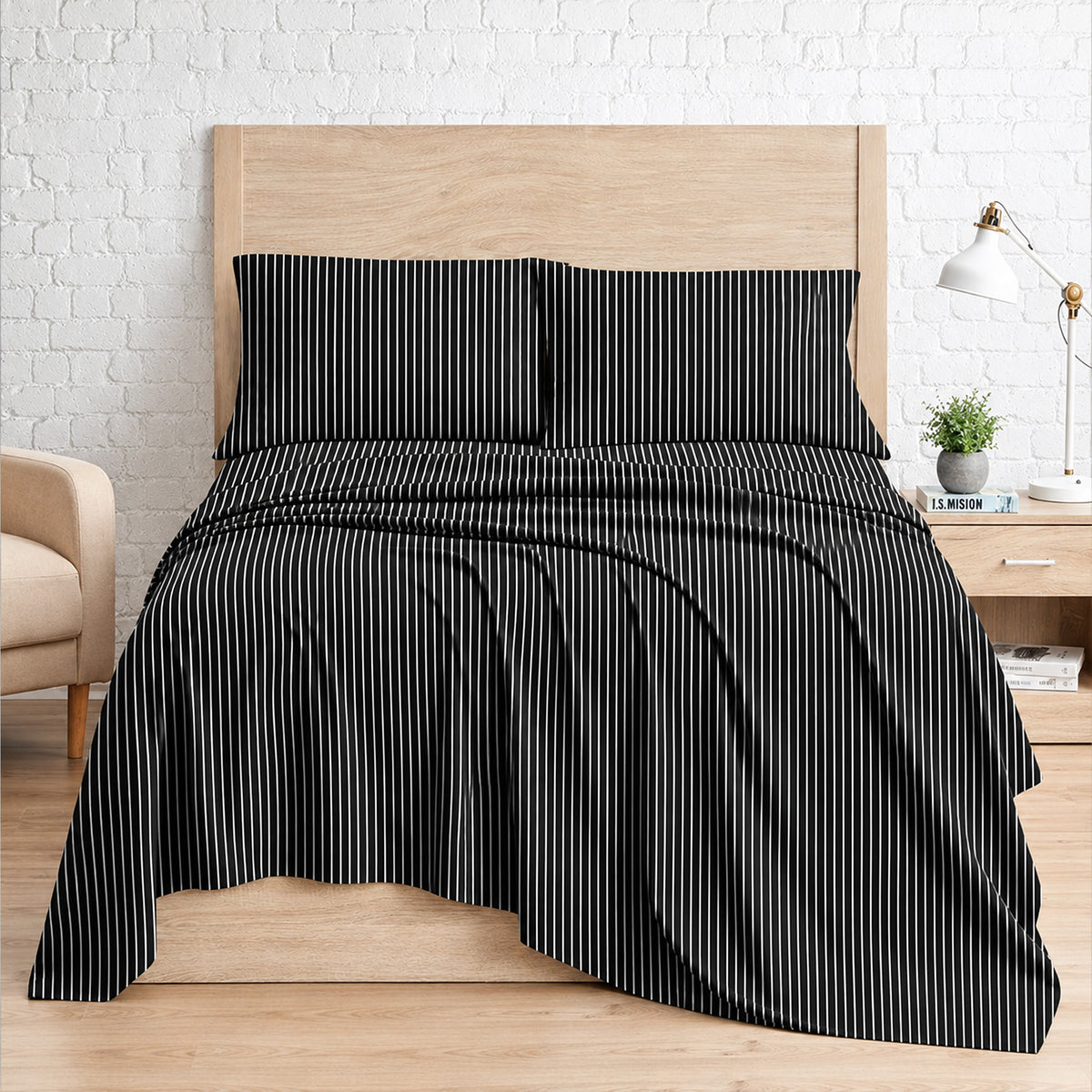 Black – HL Hotel Collection King Flat Sheet Set | 100% Cotton, T-200 Stripe Sateen