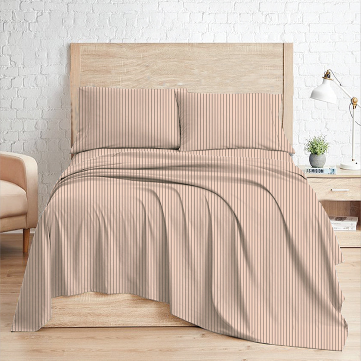 Beige Gold – HL Hotel Collection King Flat Sheet Set | 100% Cotton, T-200 Stripe Sateen