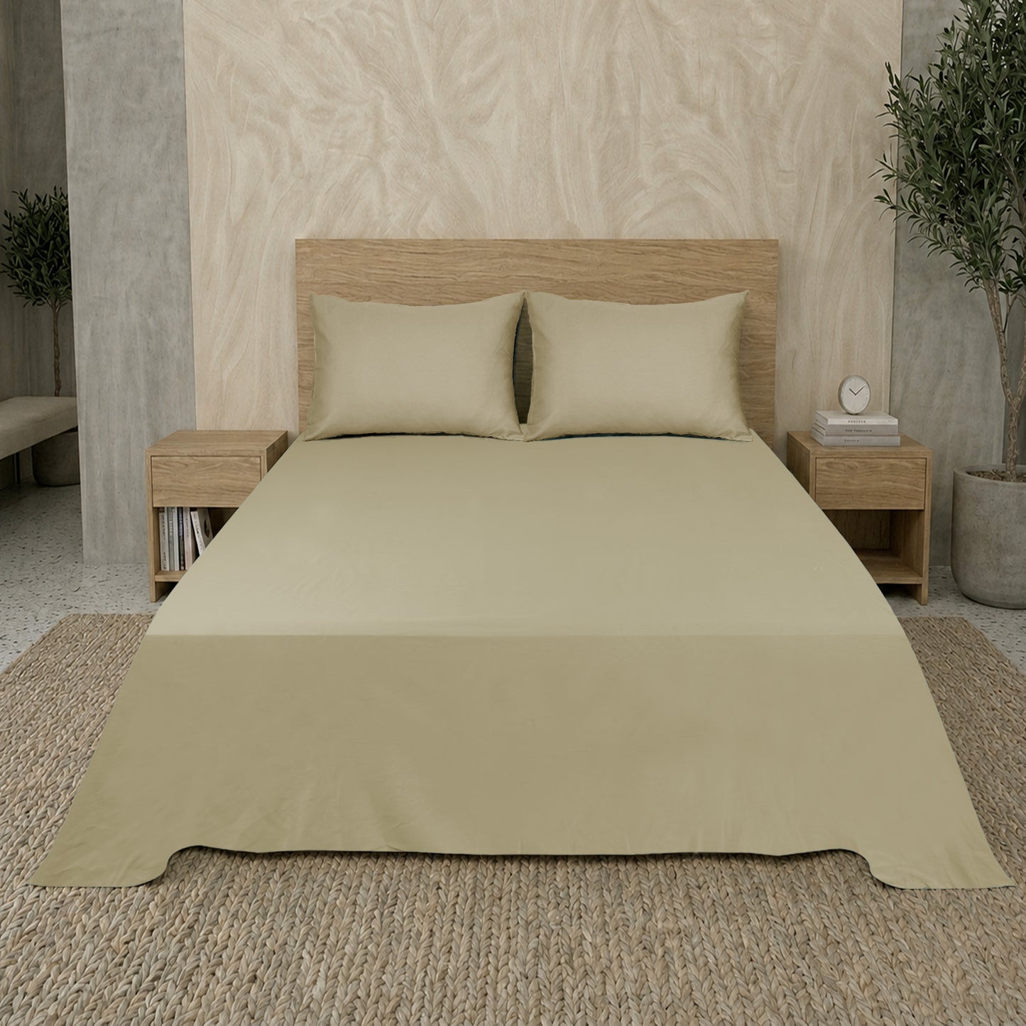Beige Luxury Hotel Collection King Flat Sheet Set with 2 Pillow Covers – 108" x 102" – 100% Cotton Sateen TC-200