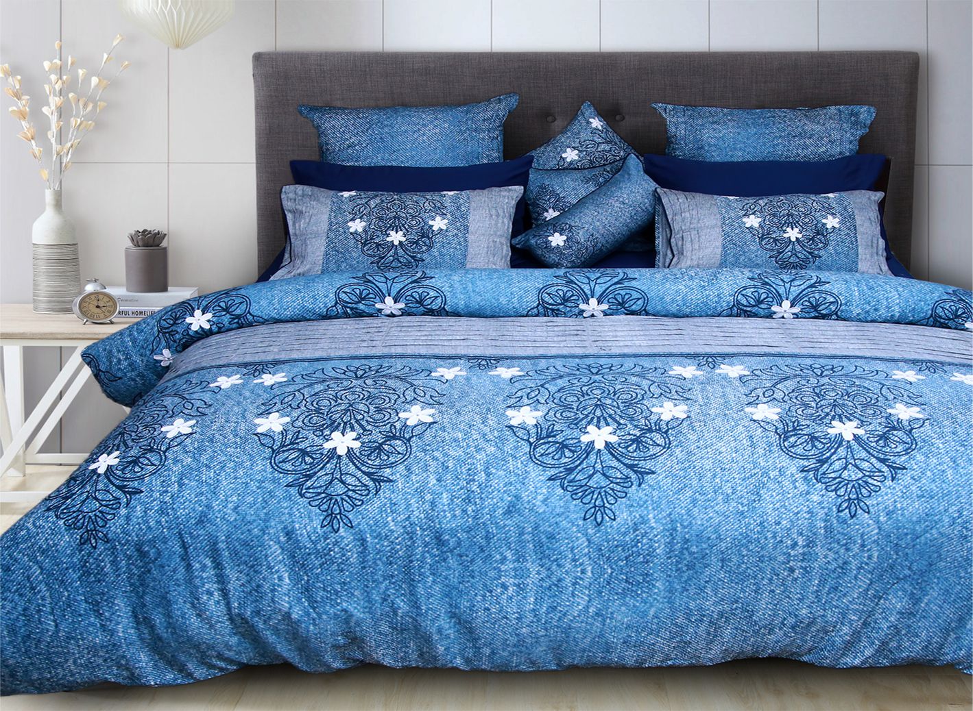 Denim Embroidery King Quilt Cover Set – Signature Bedding by Hira Lari