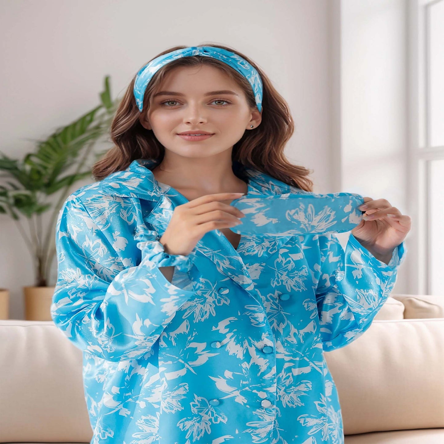 HL | Rue Rofe Printed Satin Pajama Set With Hair Band, Eye Mask & Scrunchie | LNWST01