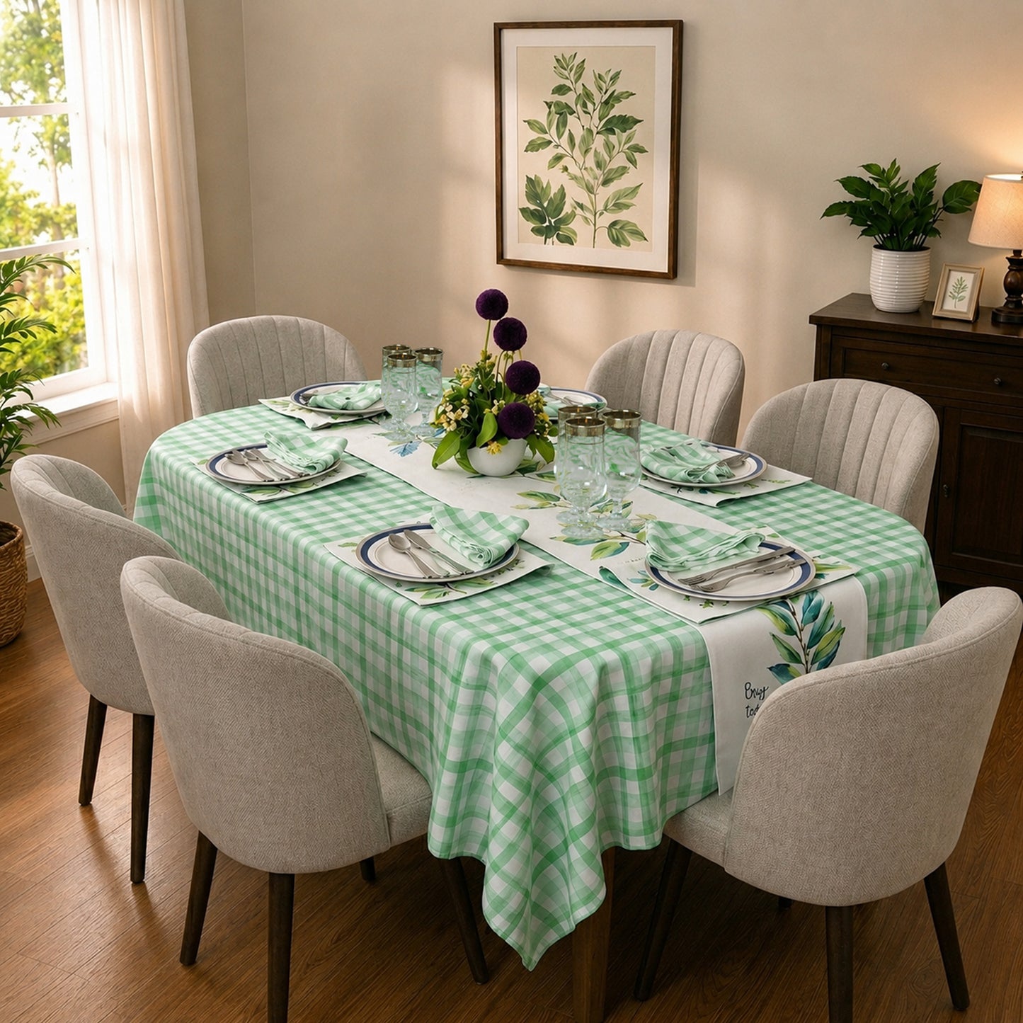 Green – 6 Chair Dining Table Set | 100% Cotton