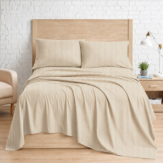Beige White – HL Hotel Collection King Flat Sheet Set | 100% Cotton, T-200 Stripe Sateen