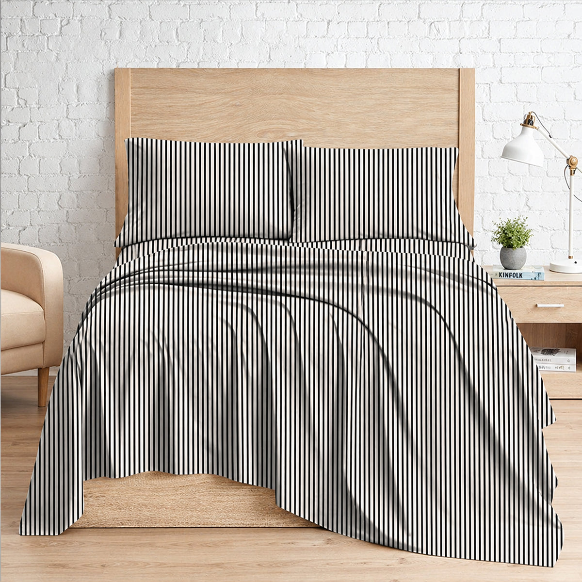 White – HL Hotel Collection King Flat Sheet Set | 100% Cotton, T-200 Stripe Sateen