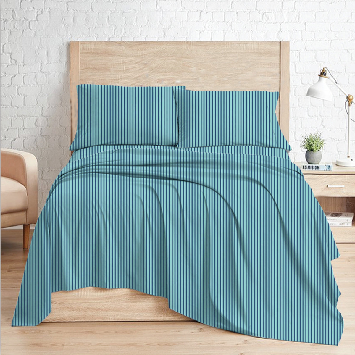 Green – HL Hotel Collection King Flat Sheet Set | 100% Cotton, T-200 Stripe Sateen