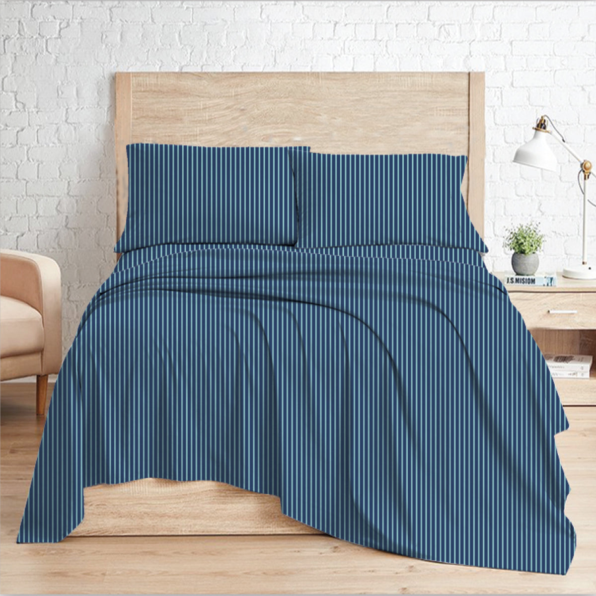 Navy – HL Hotel Collection King Flat Sheet Set | 100% Cotton, T-200 Stripe Sateen