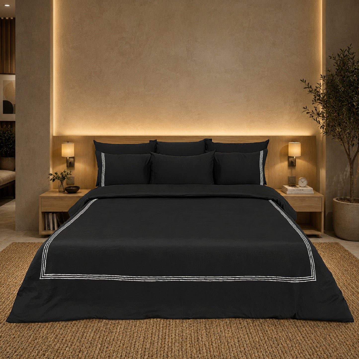 Black Luxury Hotel Collection Embroidered King Quilt Cover Set with 2 Pillow Covers | 100% Cotton Sateen TC-200 | 104" x 95"