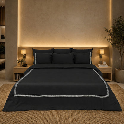 Black Luxury Hotel Collection Embroidered King Quilt Cover Set with 2 Pillow Covers | 100% Cotton Sateen TC-200 | 104" x 95"