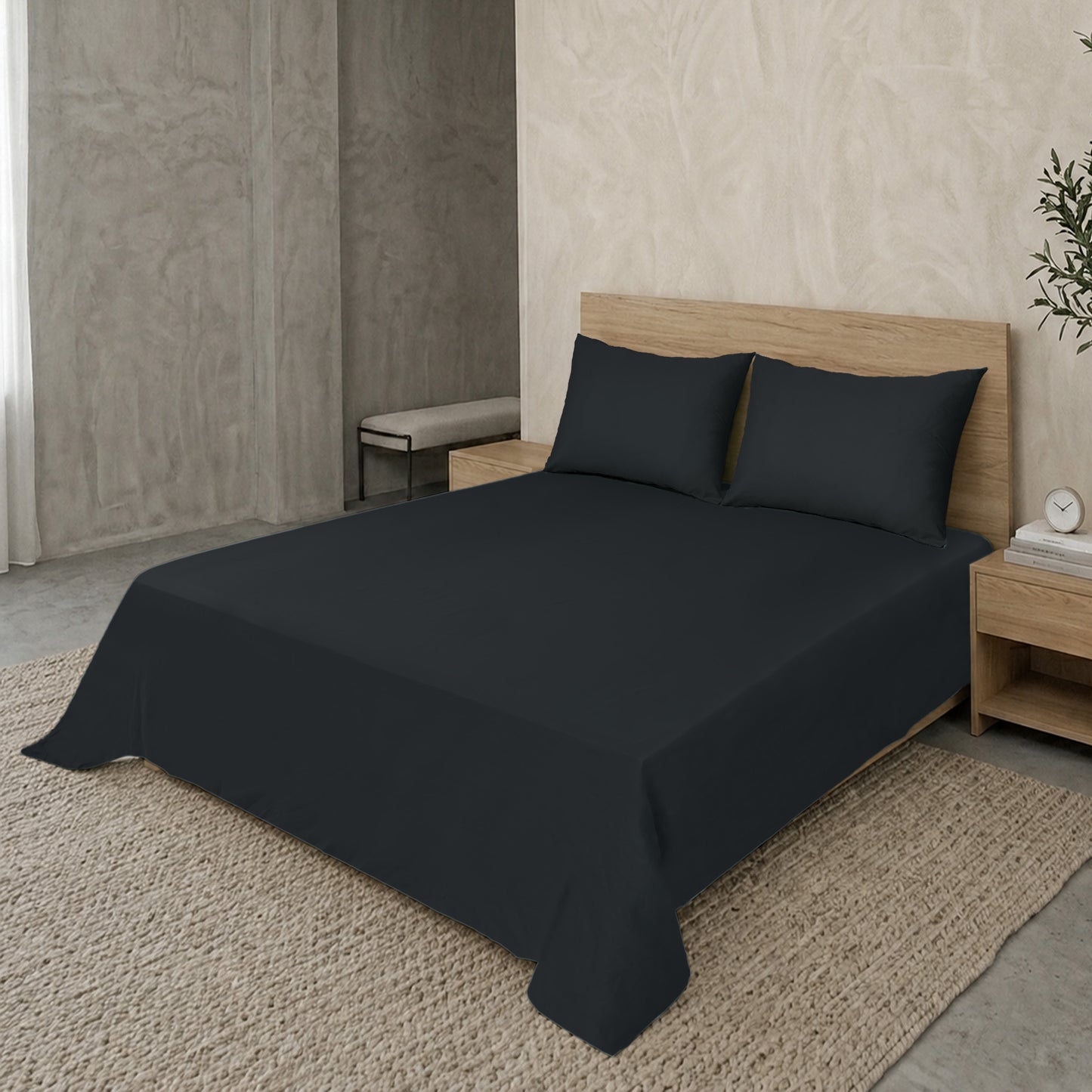 Black Luxury Hotel Collection King Flat Sheet Set with 2 Pillow Covers – 108" x 102" – 100% Cotton Sateen TC-200