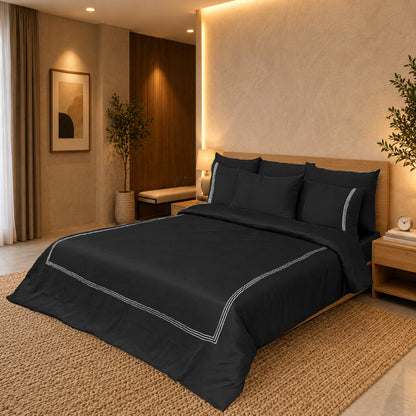 Black Luxury Hotel Collection Embroidered King Quilt Cover Set with 2 Pillow Covers | 100% Cotton Sateen TC-200 | 104" x 95"