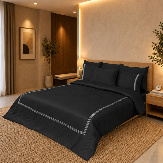 Black Luxury Hotel Collection Embroidered King Quilt Cover Set with 2 Pillow Covers | 100% Cotton Sateen TC-200 | 104" x 95"