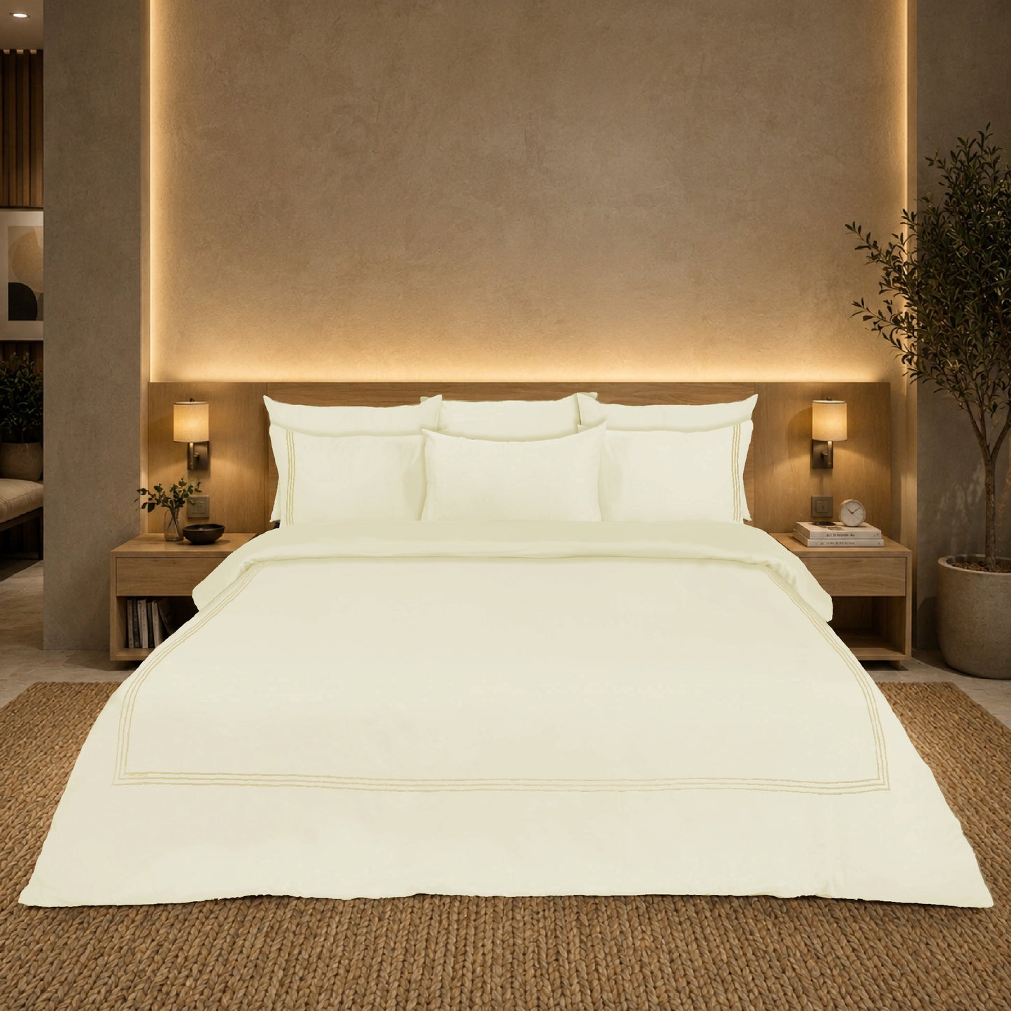 Biscuit Luxury Hotel Collection Embroidered King Quilt Cover Set with 2 Pillow Covers | 100% Cotton Sateen TC-200 | 104" x 95"