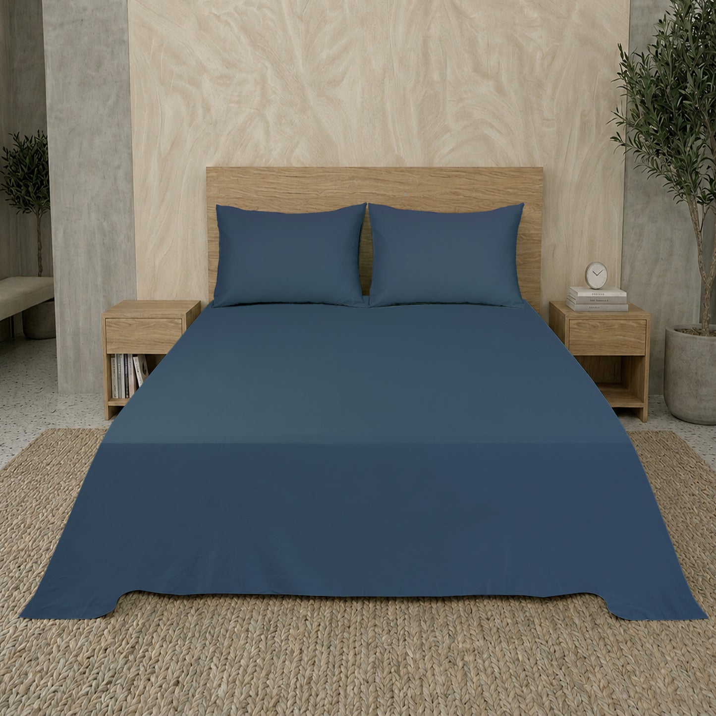 Navy Blue Luxury Hotel Collection King Flat Sheet Set with 2 Pillow Covers –  108" x 102" – 100% Cotton Sateen TC-200