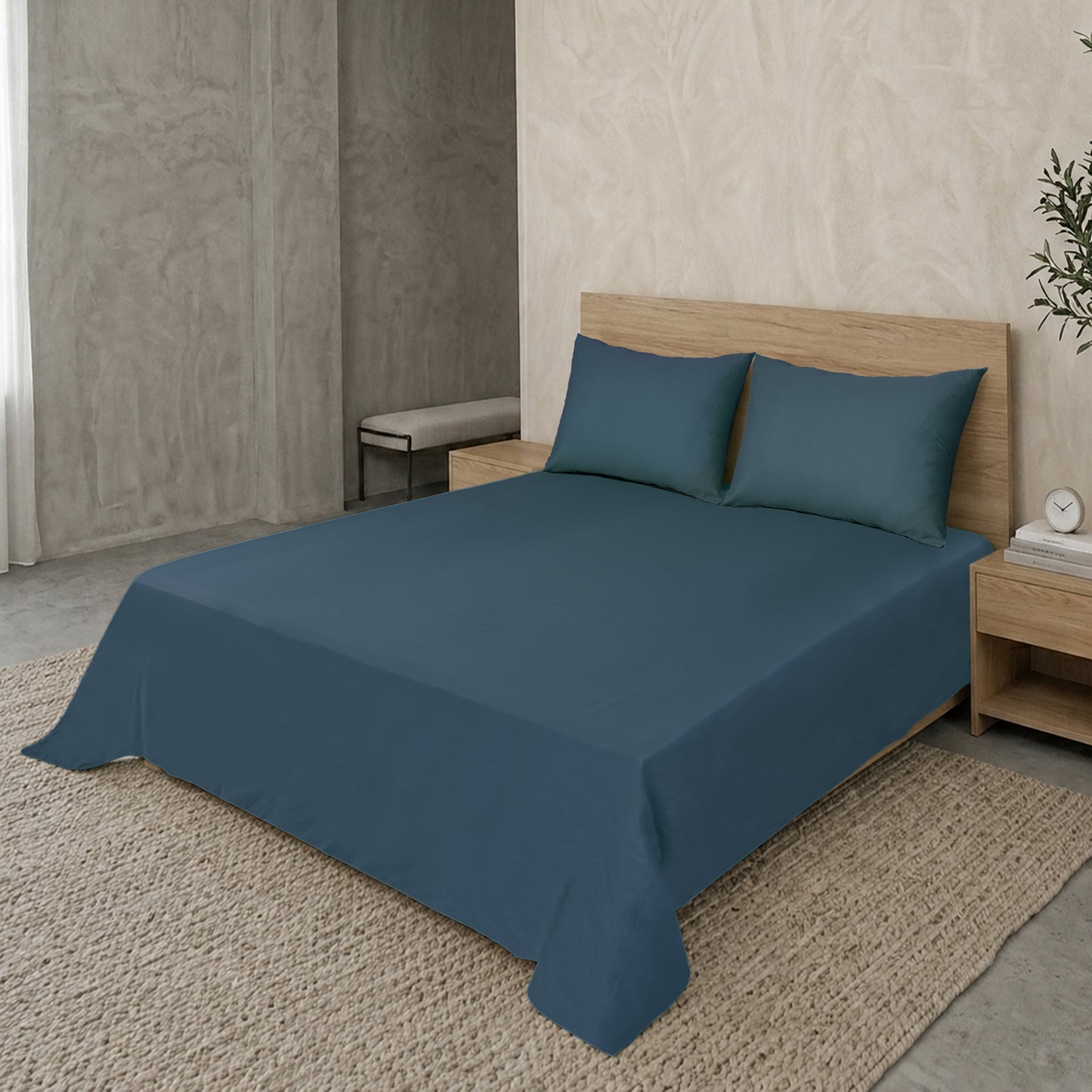 Navy Blue Luxury Hotel Collection King Flat Sheet Set with 2 Pillow Covers –  108" x 102" – 100% Cotton Sateen TC-200