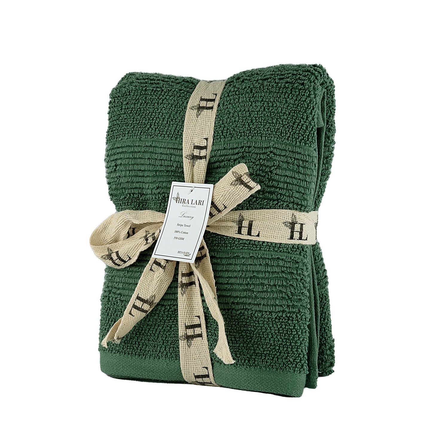Green - HL - Park Lane Hand Towel – 550 GSM | High Low Rib Stripe Design (50×100 cm)