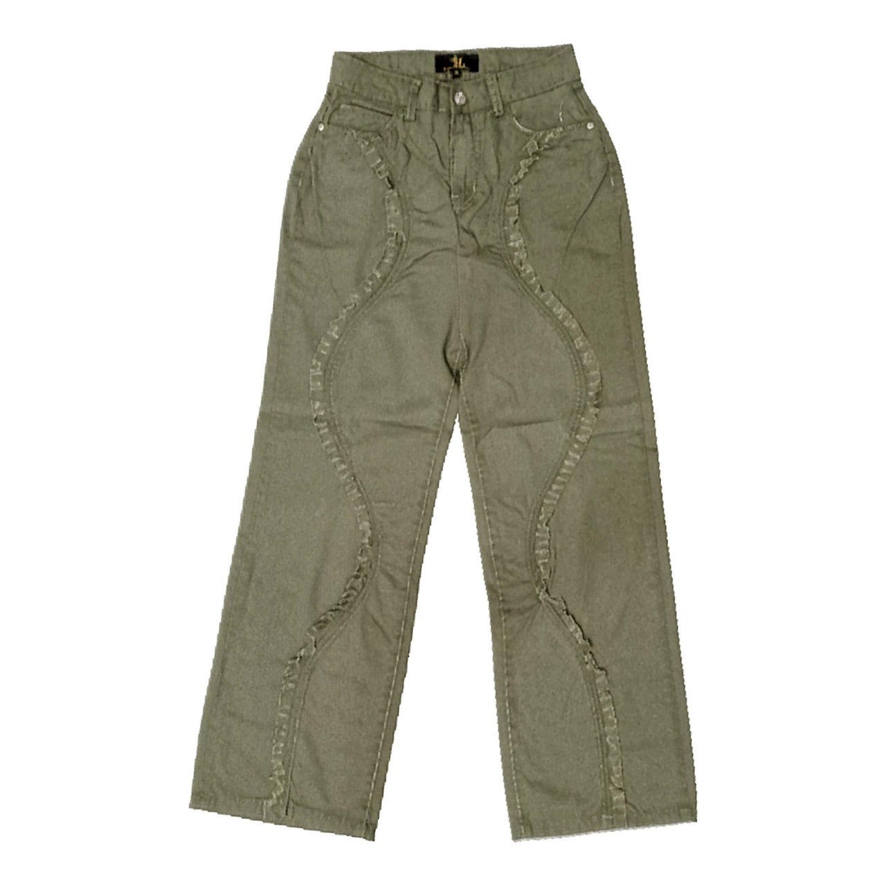 HL Denim Ruffle Wave High-Rise Jeans – Olive Green Avant-Garde Style