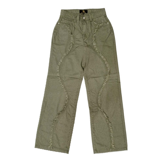 HL Denim Ruffle Wave High-Rise Jeans – Olive Green Avant-Garde Style