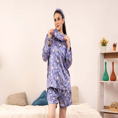 HL | RUE ROFE Printed Satin Short Set With Hair Band, Eye Mask & Scrunchie | LNWST04