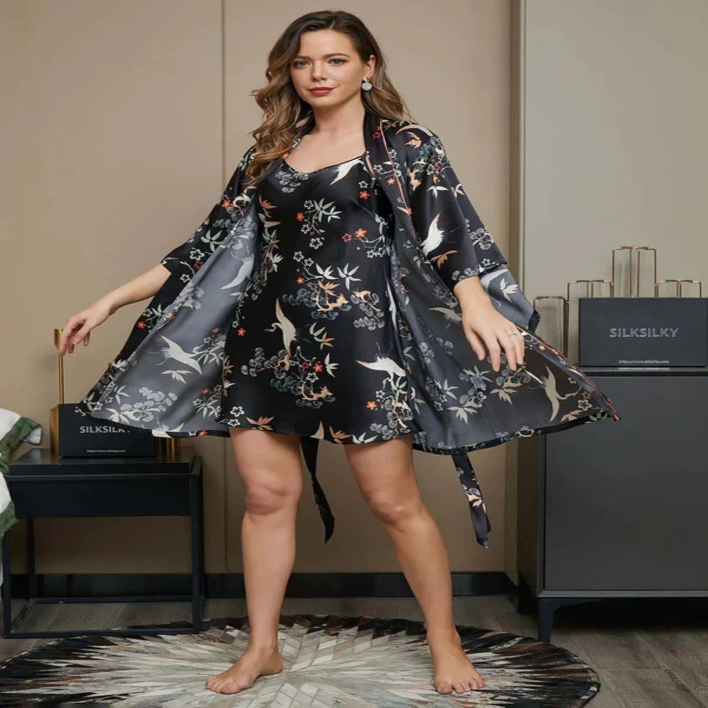 HL | Printed Satin Robe Chemise Set | LNWST10