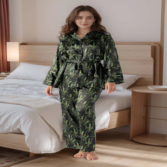 HL | Rue Rofe Printed Satin Pajama Set With Hair Band, Eye Mask & Scrunchie | LNWST02