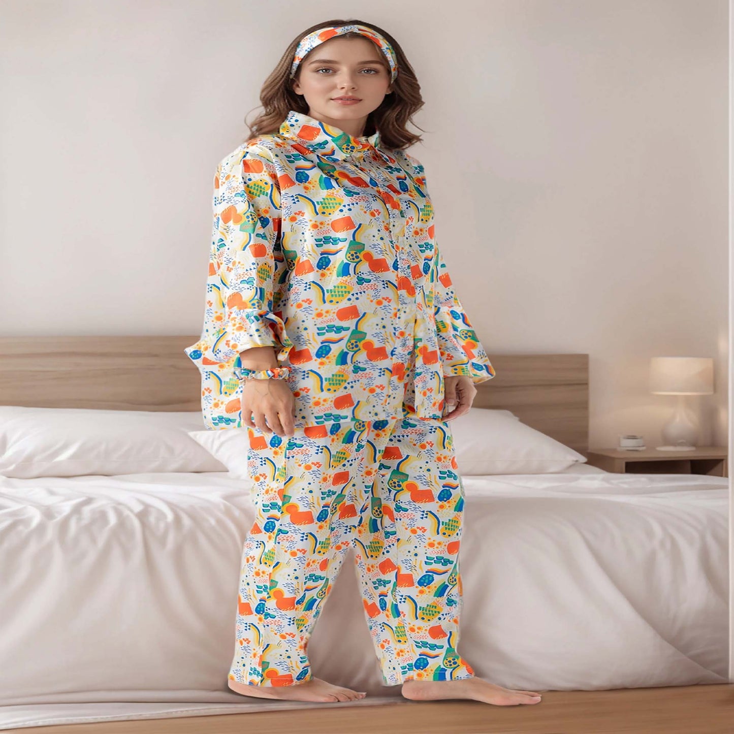 HL | Rue Rofe Printed Satin Pajama Set With Hair Band, Eye Mask & Scrunchie | LNWST03