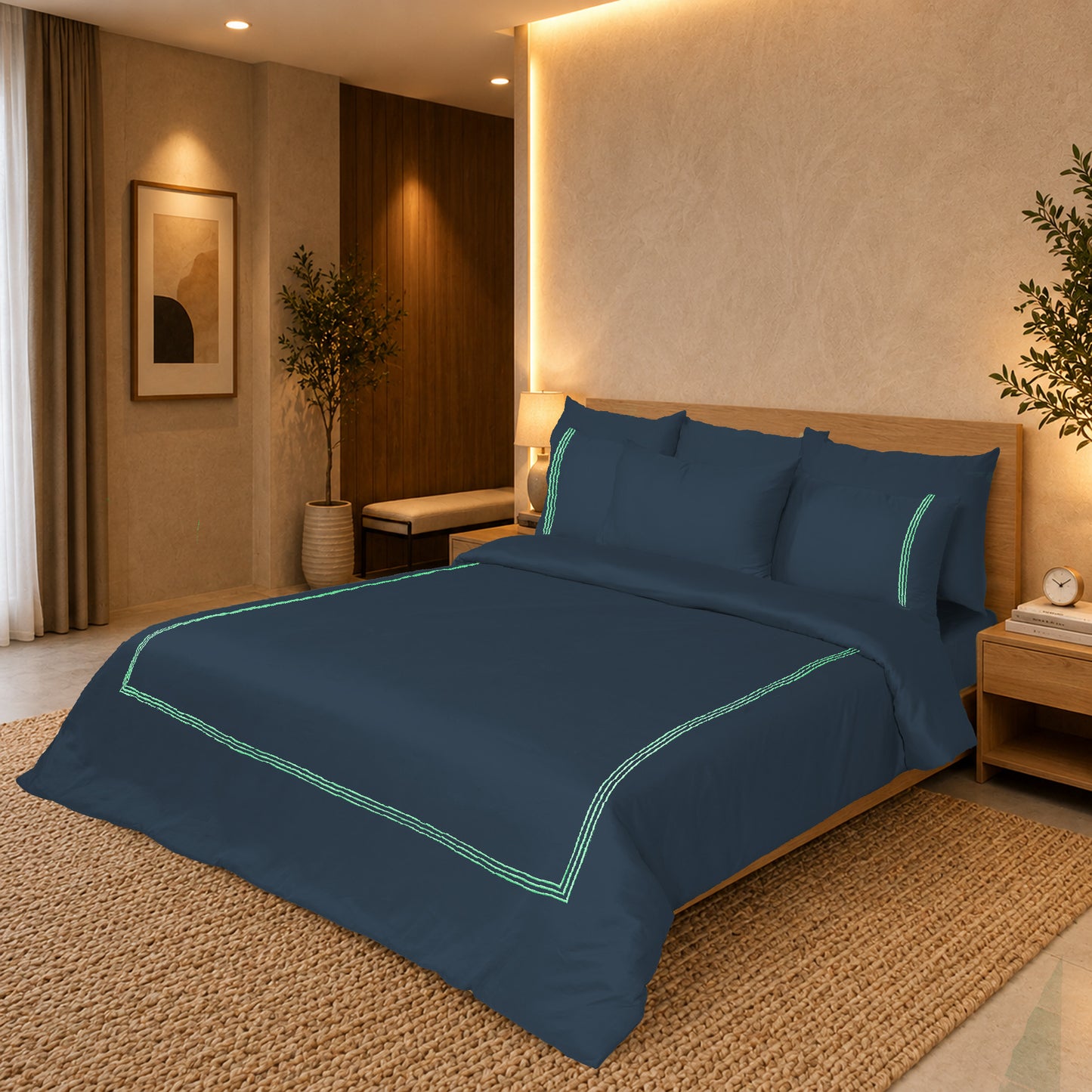 Navy Blue Luxury Hotel Collection Embroidered King Quilt Cover Set with 2 Pillow Covers | 100% Cotton Sateen TC-200 | 104" x 95"
