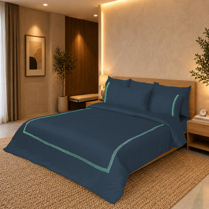 Navy Blue Luxury Hotel Collection Embroidered King Quilt Cover Set with 2 Pillow Covers | 100% Cotton Sateen TC-200 | 104" x 95"