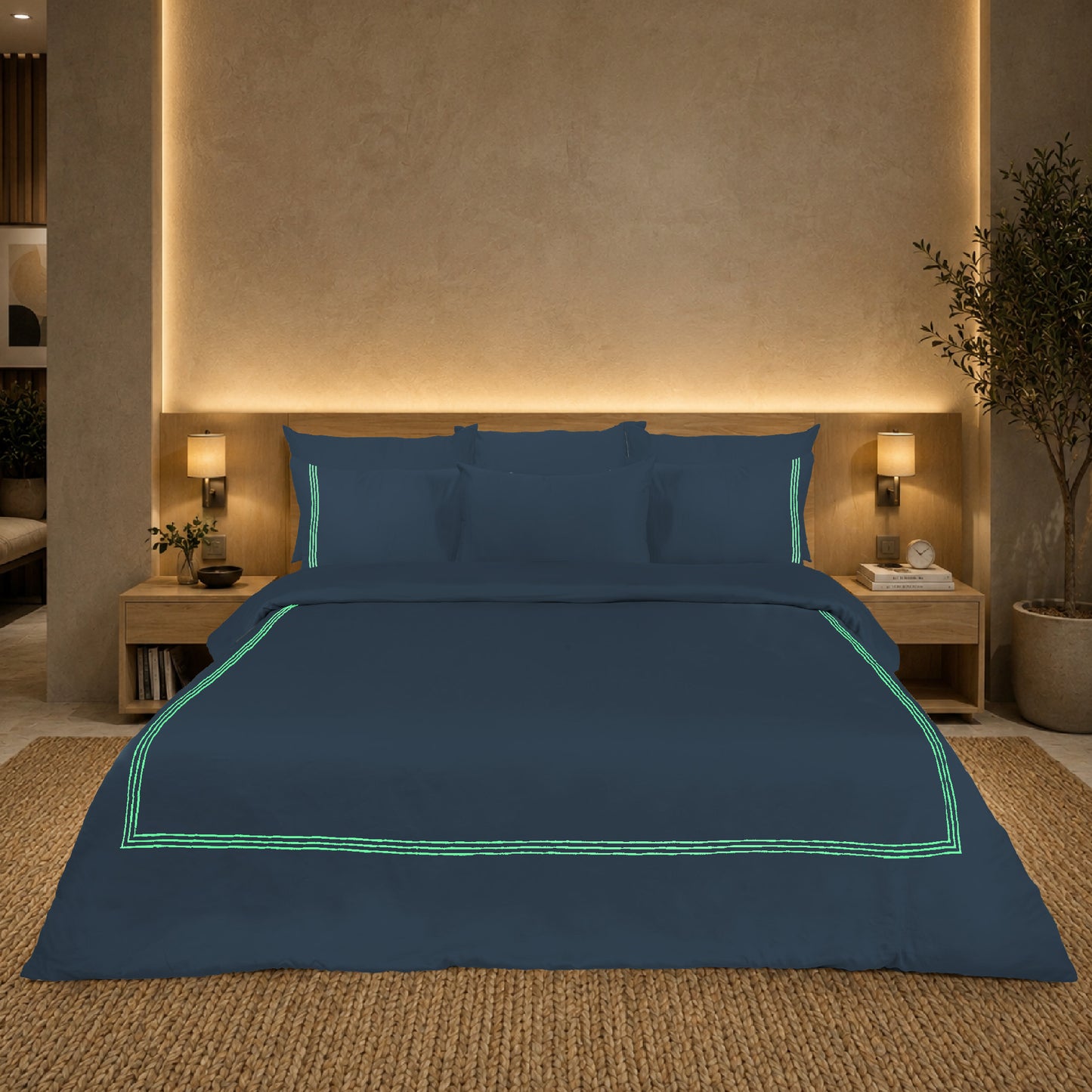Navy Blue Luxury Hotel Collection Embroidered King Quilt Cover Set with 2 Pillow Covers | 100% Cotton Sateen TC-200 | 104" x 95"