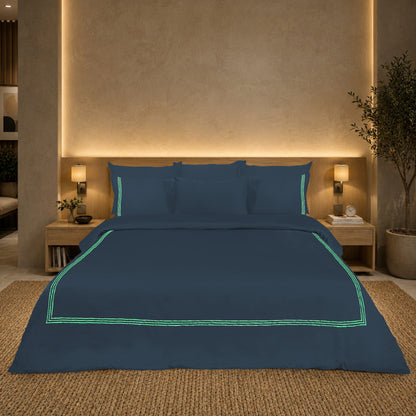 Navy Blue Luxury Hotel Collection Embroidered King Quilt Cover Set with 2 Pillow Covers | 100% Cotton Sateen TC-200 | 104" x 95"