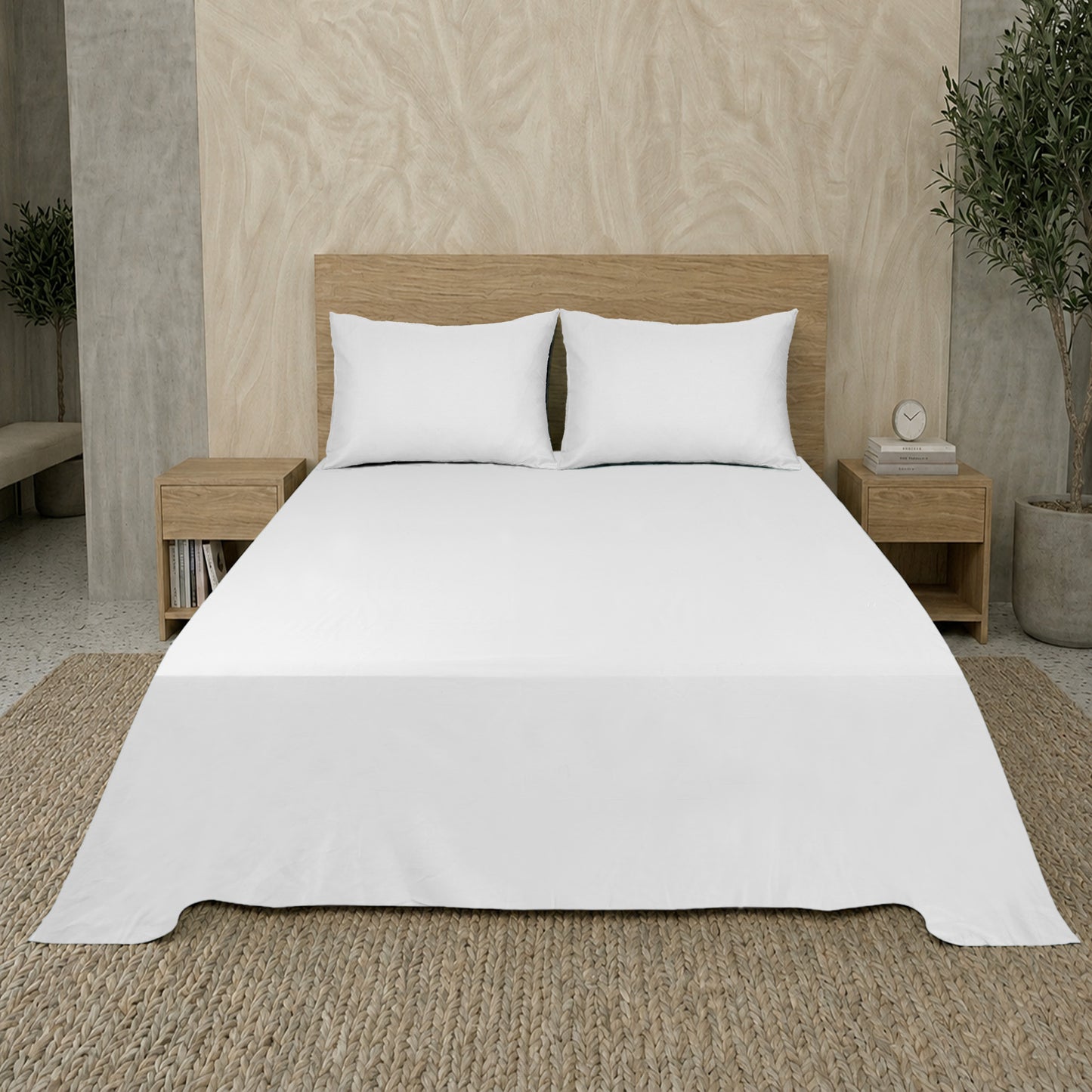 White Luxury Hotel Collection King Flat Sheet Set with 2 Pillow Covers – 108" x 102" – 100% Cotton Sateen TC-200